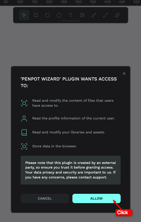 Penpot permission dialog: 'Penpot Wizard' plugin wants access to content, user profile, libraries, and browser storage. Click ALLOW to continue.