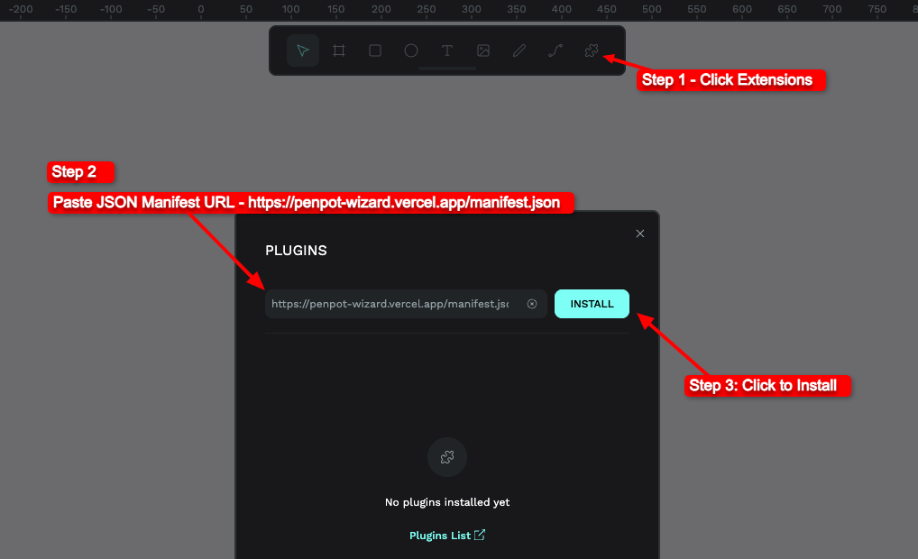 Penpot interface showing where to click: Extensions icon, manifest URL field, and Install button in the PLUGINS dialog.